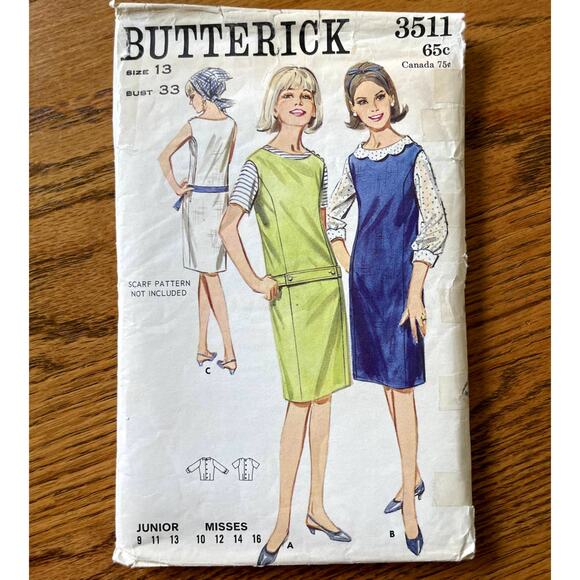Vintage 1960s Butterick 3511 Sewing Pattern Size XS Dress Jumper Blouse COMPLETE - Picture 1 of 2